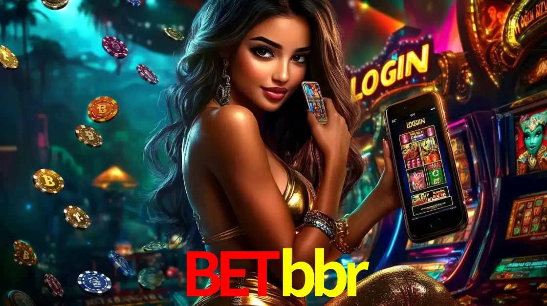 Mulher em um cenário de cassino temático de aventura, mostrando o app de caça-níqueis da betbbr no celular. Fichas de apostas flutuam ao redor.