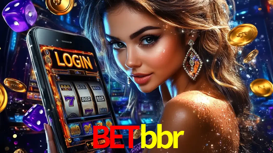 Mulher glamorosa segurando um smartphone com a tela de login para os jogos de caça-níqueis do cassino online betbbr, com moedas de ouro e dados ao redor.