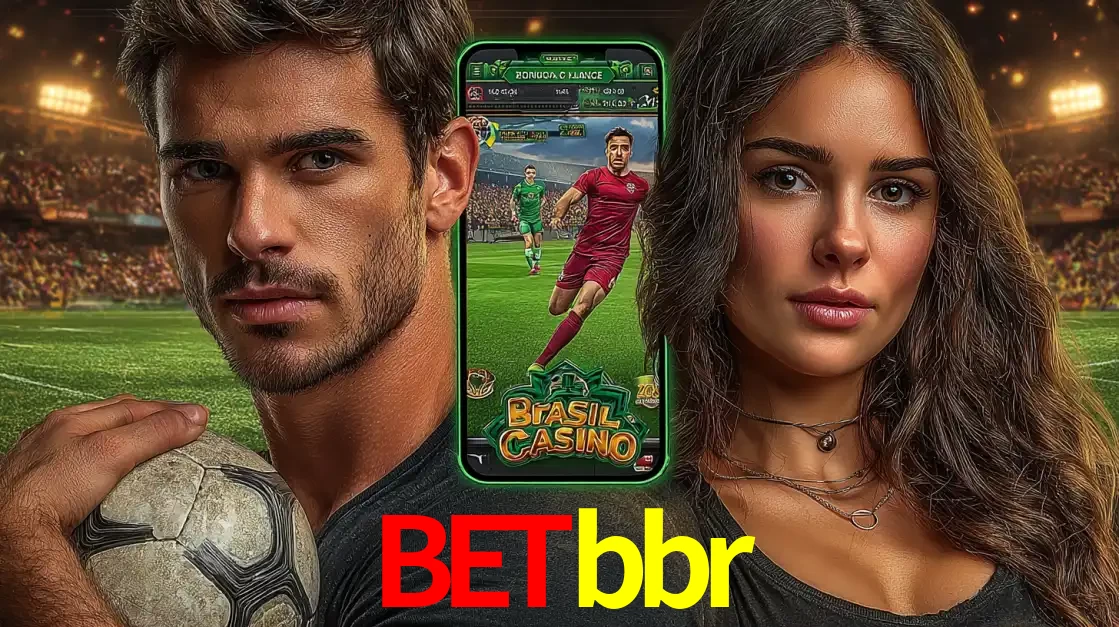 Homem segurando uma bola de futebol e uma mulher ao lado de um smartphone exibindo o jogo de apostas esportivas da betbbr. Faça seu palpite no cassino online.